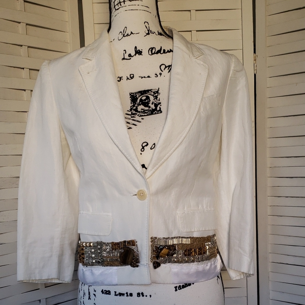 Dries Van Noten White Blazer with Eye Tiger Beads Accents Size 36